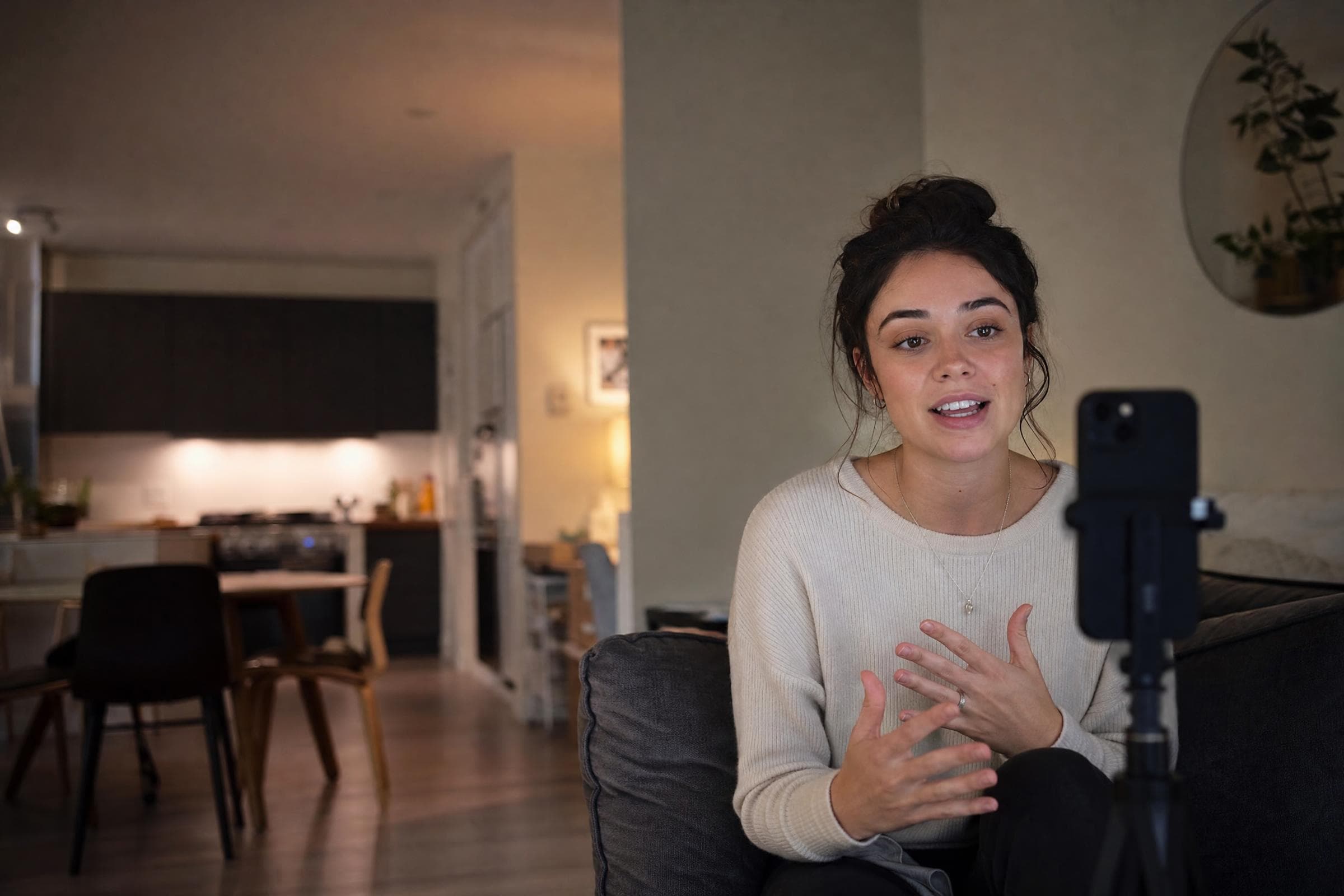 A young professional recording herself with a phone on a tripod in a softly lit apartment.